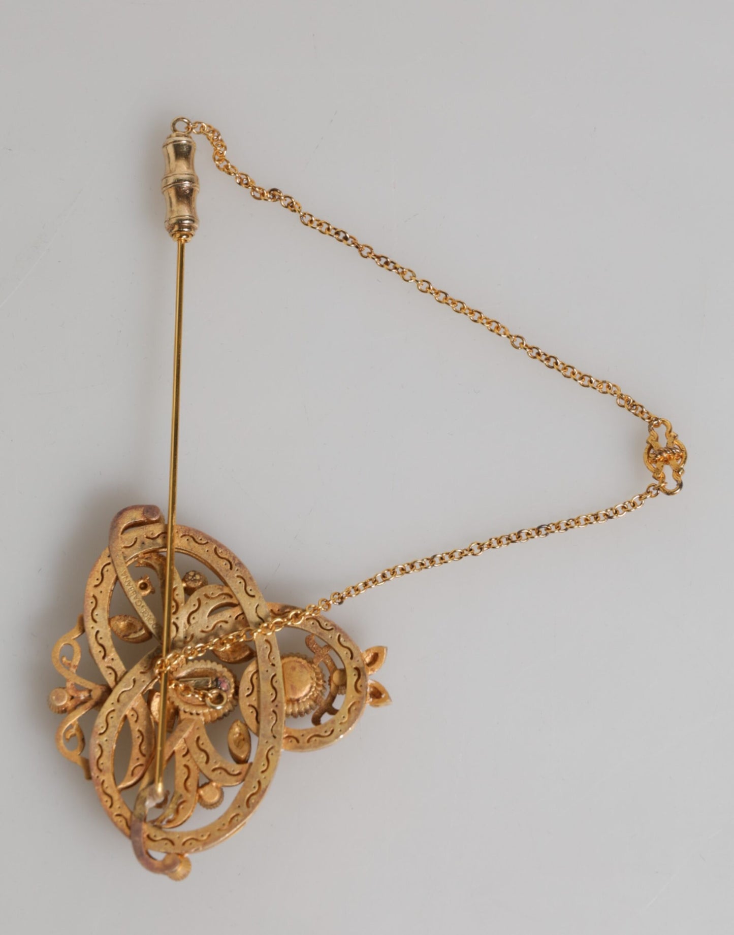 Dolce &amp; Gabbana Gold Tone 925 Sterling Silver Crystal Chain Brooch Pin
