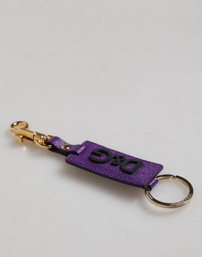 Dolce &amp; Gabbana Purple DG Logo Leather Gold Tone Metal Keyring Keychain