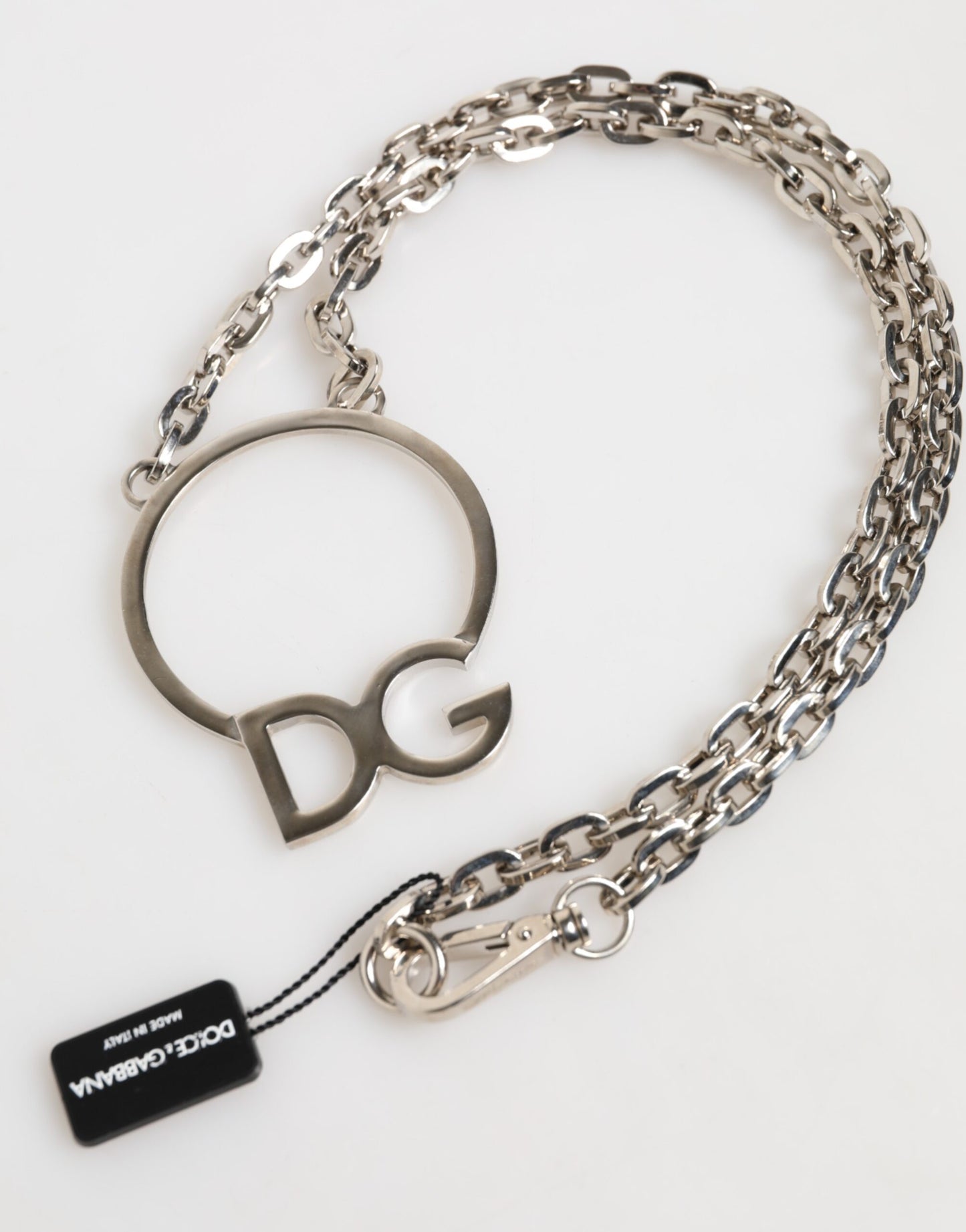 Dolce &amp; Gabbana Silver Tone Brass Chain DG Logo Pendant Men Necklace