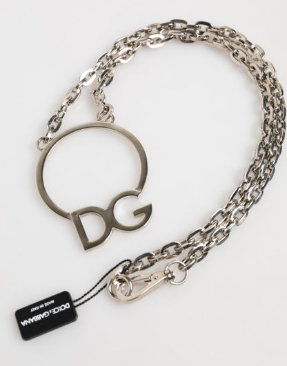 Dolce &amp; Gabbana Silver Tone Brass Chain DG Logo Pendant Men Necklace