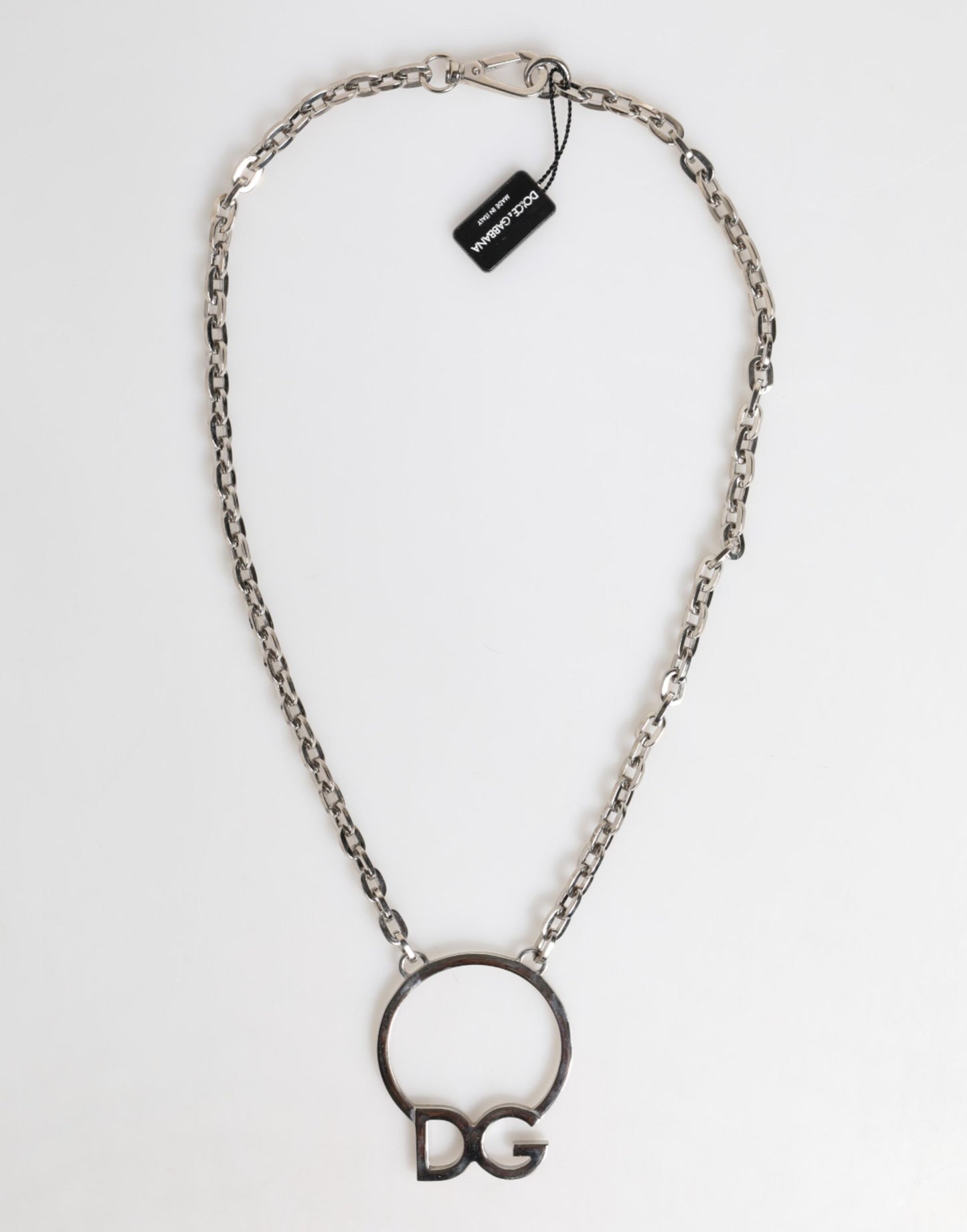 Dolce &amp; Gabbana Silver Tone Brass Chain DG Logo Pendant Men Necklace