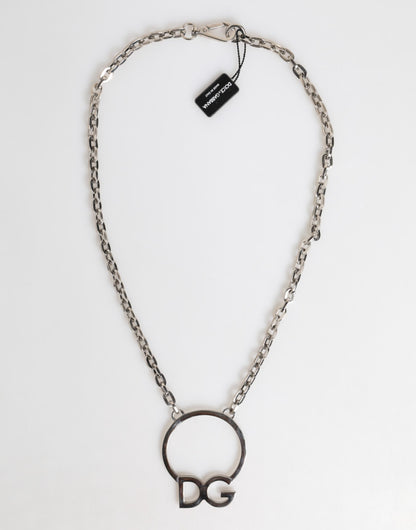 Dolce &amp; Gabbana Silver Tone Brass Chain DG Logo Pendant Men Necklace