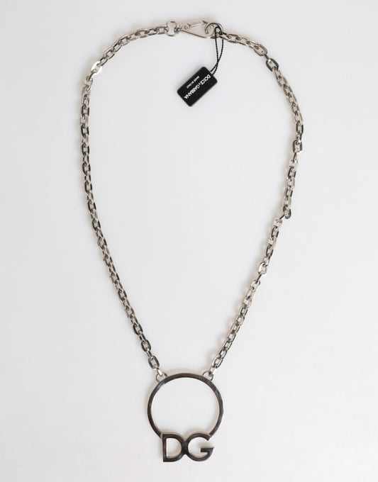 Dolce &amp; Gabbana Silver Tone Brass Chain DG Logo Pendant Men Necklace
