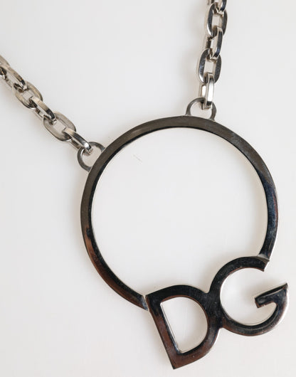 Dolce &amp; Gabbana Silver Tone Brass Chain DG Logo Pendant Men Necklace