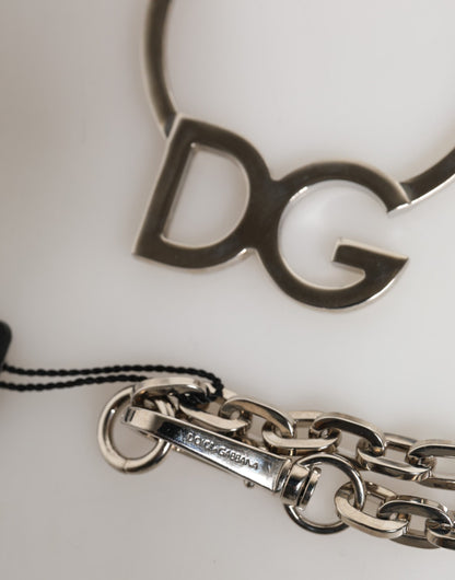 Dolce &amp; Gabbana Silver Tone Brass Chain DG Logo Pendant Men Necklace