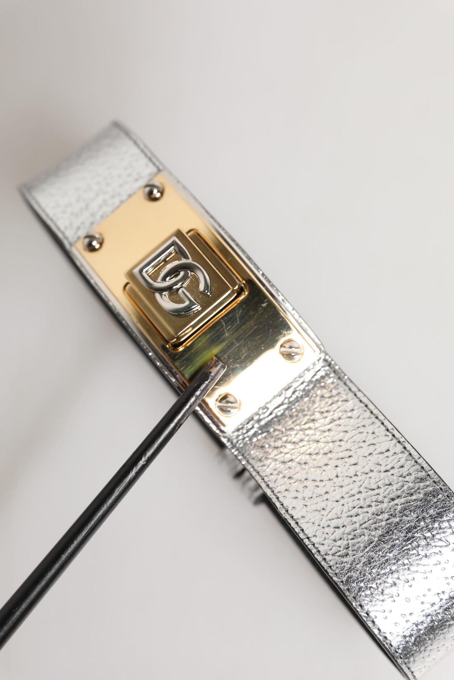 Dolce &amp; Gabbana Silver Textured Leather Gold Tone Metal Neckband