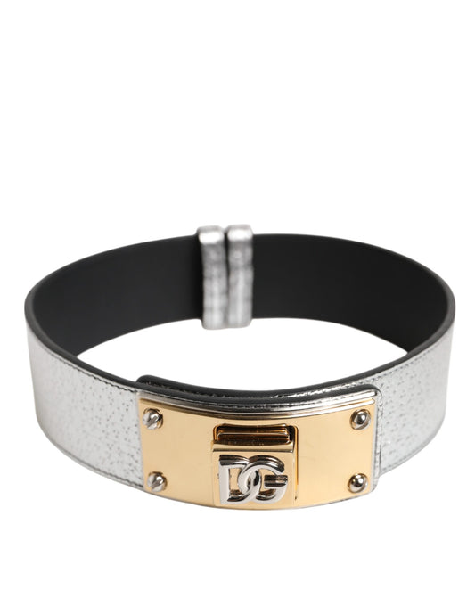 Dolce &amp; Gabbana Silver Textured Leather Gold Tone Metal Neckband