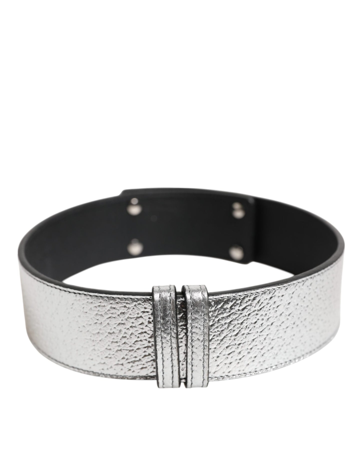 Dolce &amp; Gabbana Silver Textured Leather Gold Tone Metal Neckband
