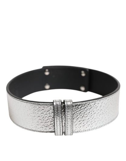 Dolce &amp; Gabbana Silver Textured Leather Gold Tone Metal Neckband