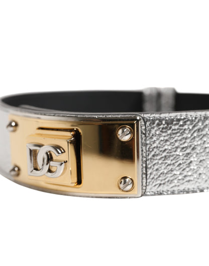 Dolce &amp; Gabbana Silver Textured Leather Gold Tone Metal Neckband