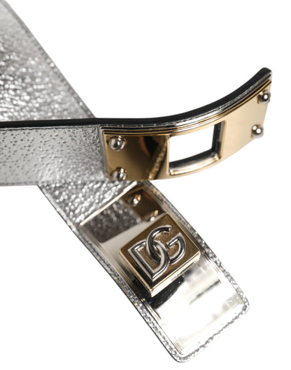Dolce &amp; Gabbana Silver Textured Leather Gold Tone Metal Neckband
