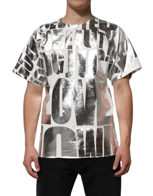 Dolce &amp; Gabbana White Metallic Print Cotton CrewNeck T-shirt