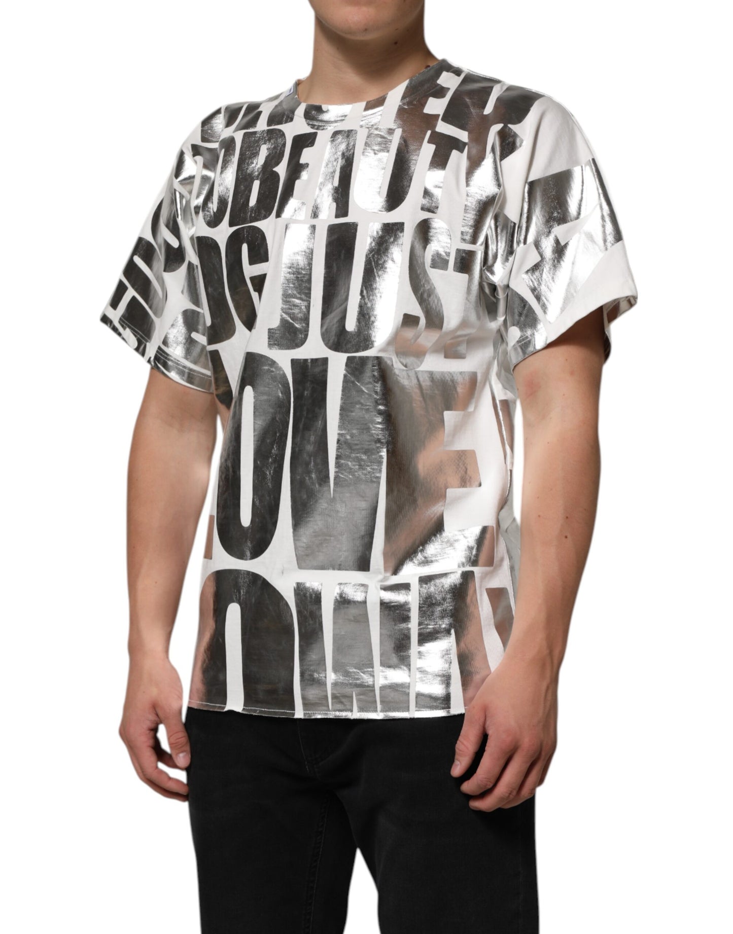 Dolce &amp; Gabbana White Metallic Print Cotton CrewNeck T-shirt