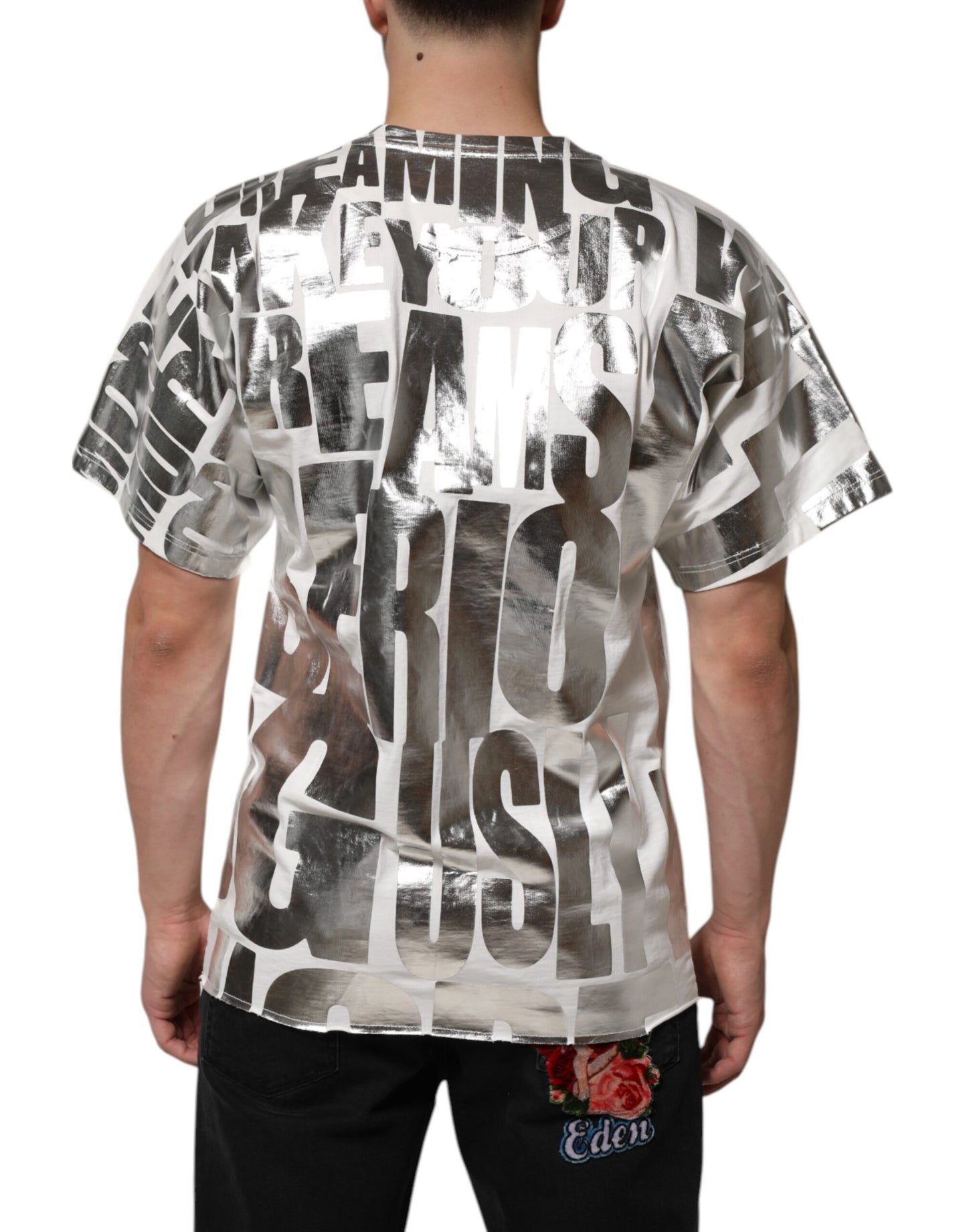 Dolce &amp; Gabbana White Metallic Print Cotton CrewNeck T-shirt