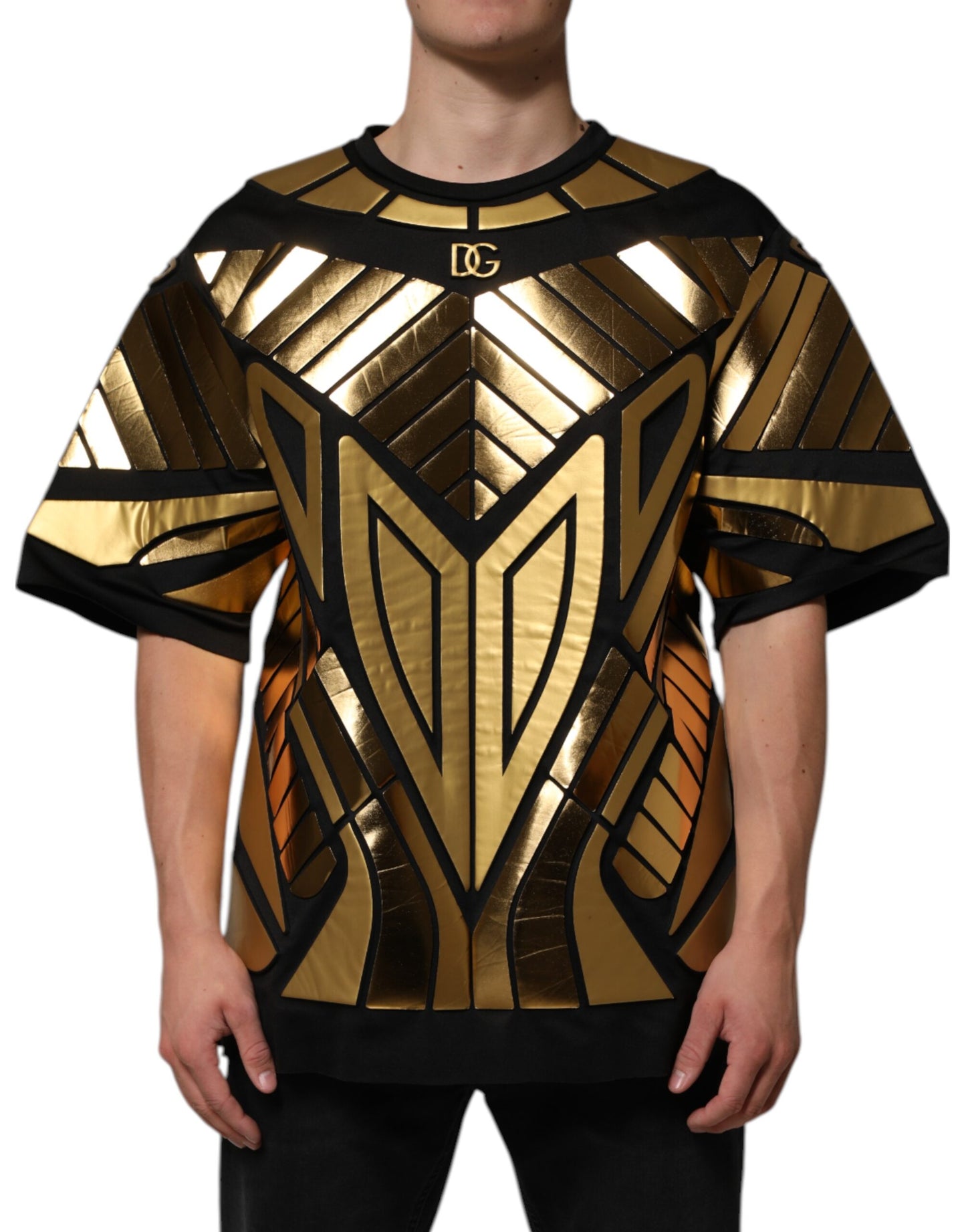 Dolce &amp; Gabbana Black Metallic Print Nylon Crewneck T-shirt