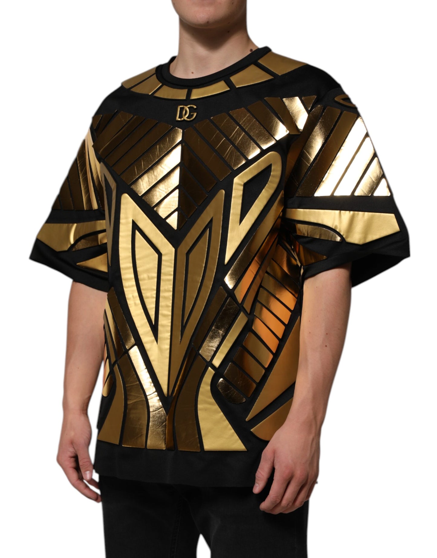Dolce &amp; Gabbana Black Metallic Print Nylon Crewneck T-shirt