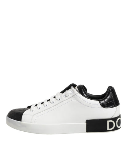 Dolce &amp; Gabbana White Black Leather Portofino Sneaker Shoes