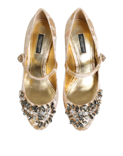 Dolce &amp; Gabbana Gold Jacquard Crystal Mary Janes Pumps Shoes