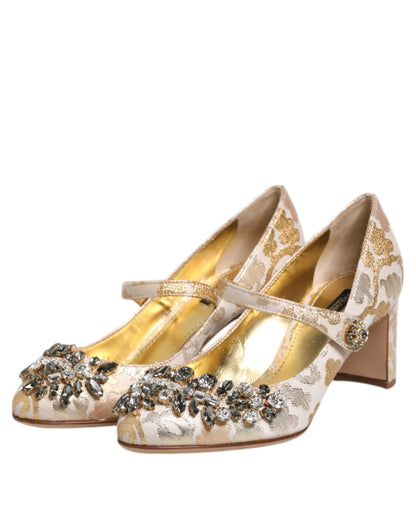 Dolce &amp; Gabbana Gold Jacquard Crystal Mary Janes Pumps Shoes