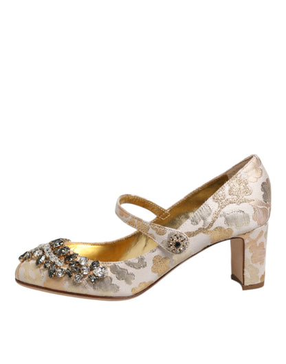 Dolce &amp; Gabbana Gold Jacquard Crystal Mary Janes Pumps Shoes