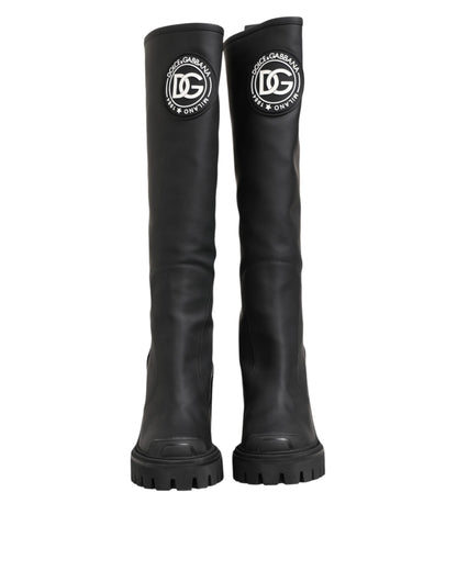Dolce &amp; Gabbana Black DG Logo Trekking Knee High Boots Shoes