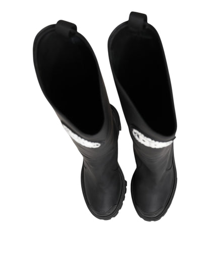 Dolce &amp; Gabbana Black DG Logo Trekking Knee High Boots Shoes