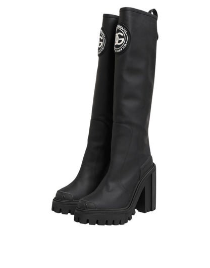 Dolce &amp; Gabbana Black DG Logo Trekking Knee High Boots Shoes
