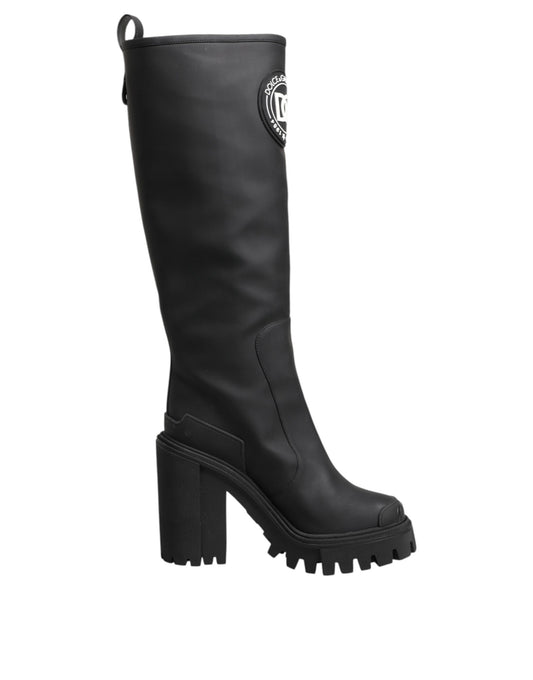 Dolce &amp; Gabbana Black DG Logo Trekking Knee High Boots Shoes