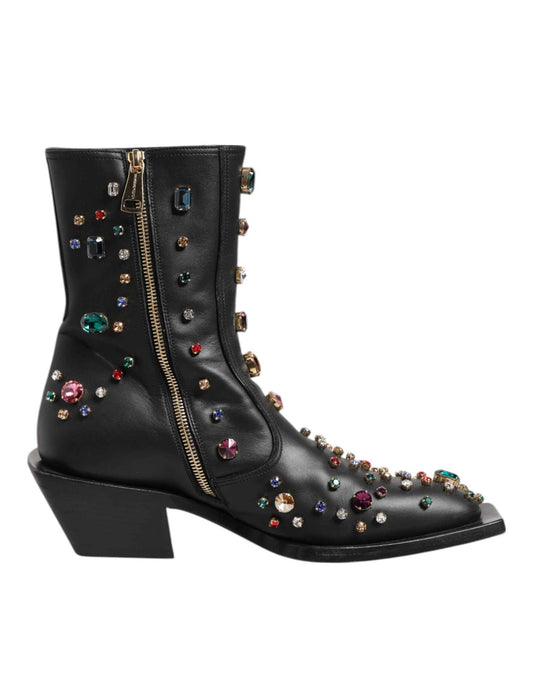 Dolce & Gabbana Black Crystal Cowboy Leather Men Boots Shoes