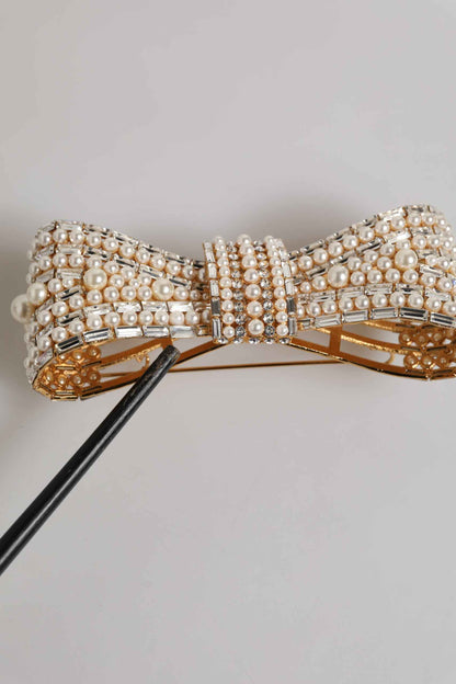 Dolce & Gabbana Gold Tone Brass Bow Crystal FauxPearl Embellished Brooch