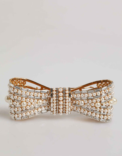 Dolce & Gabbana Gold Tone Brass Bow Crystal FauxPearl Embellished Brooch