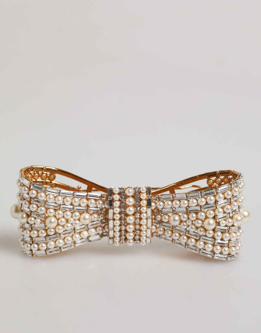 Dolce & Gabbana Gold Tone Brass Bow Crystal FauxPearl Embellished Brooch