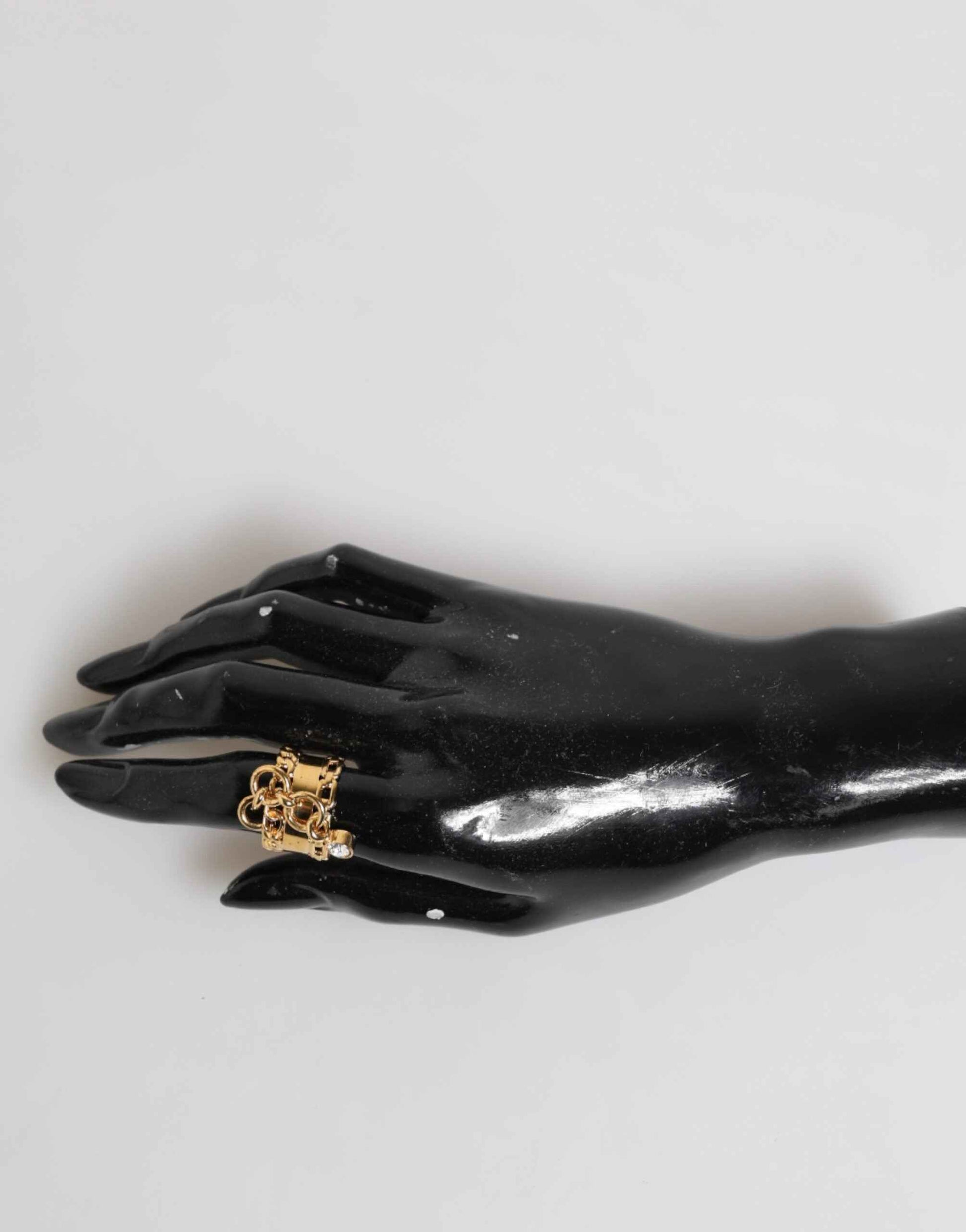 Dolce & Gabbana Gold Tone Brass Logo Chain Clear Crystals Adjustable Ring
