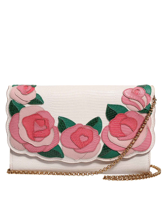 Dolce & Gabbana White Floral Leather Wallet Crossbody Gold Chain Bag by Dolce & Gabbana