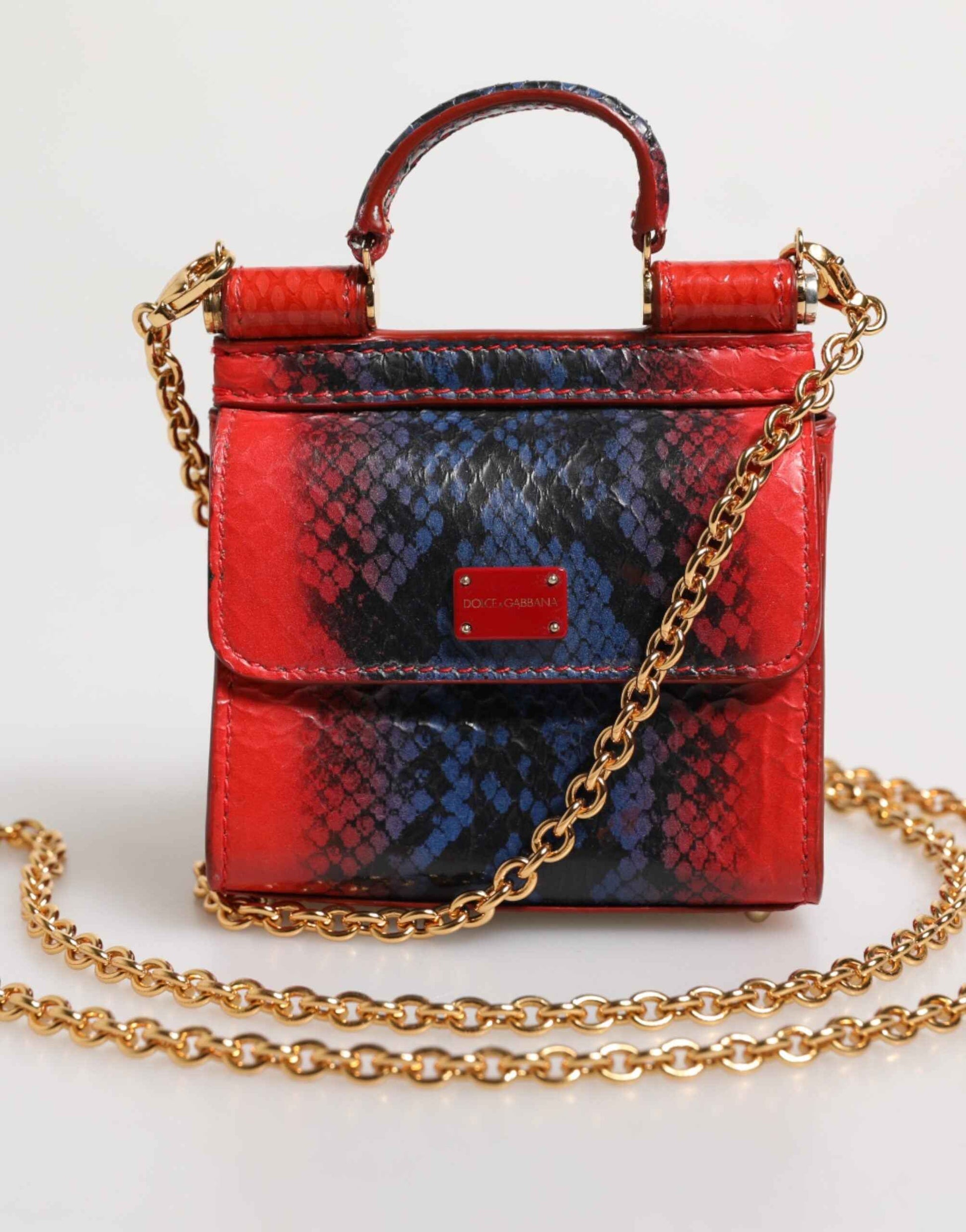 Dolce & Gabbana Red Blue Leather Sicily Crossbody Chain SatchelBorse Bag