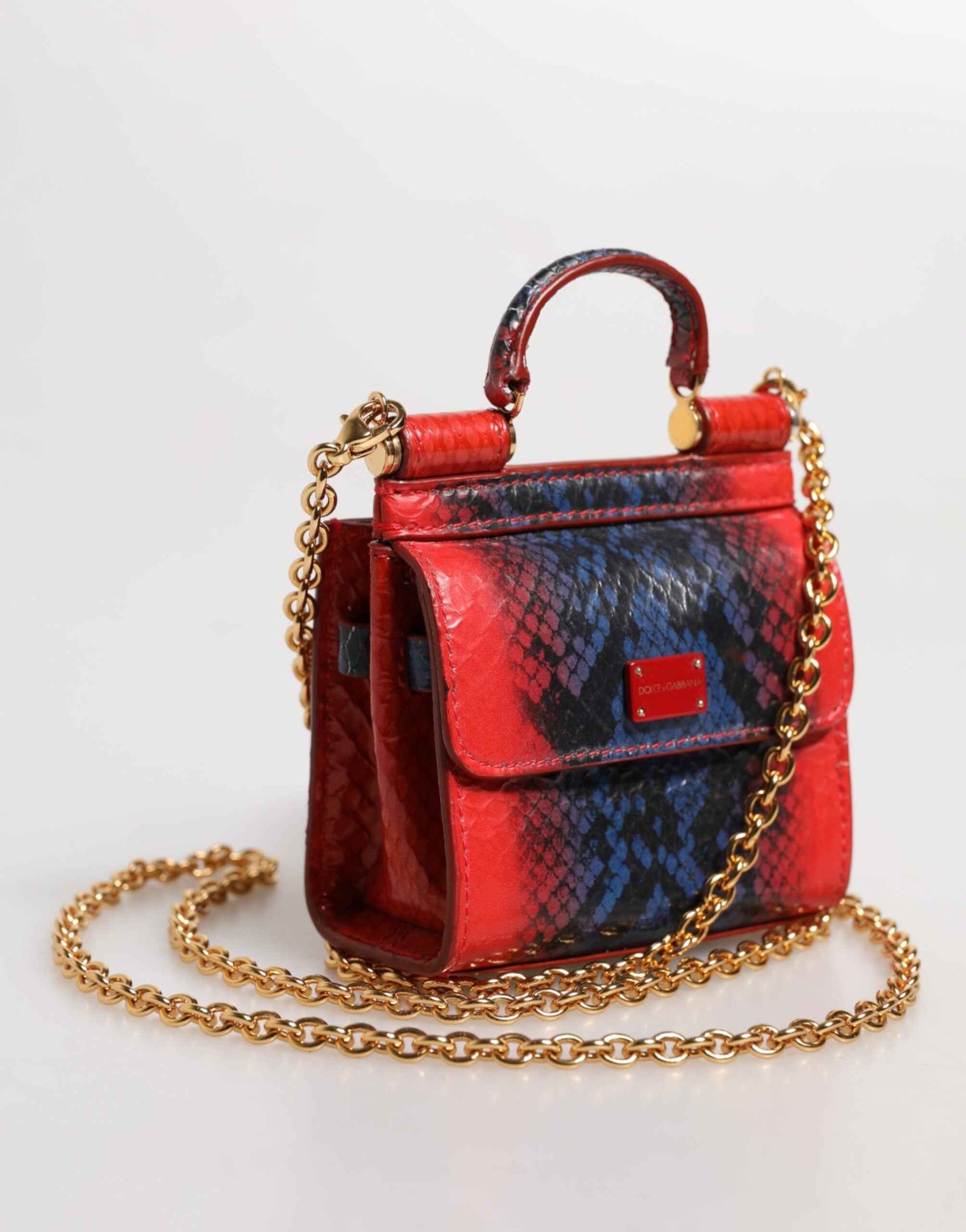 Dolce & Gabbana Red Blue Leather Sicily Crossbody Chain SatchelBorse Bag