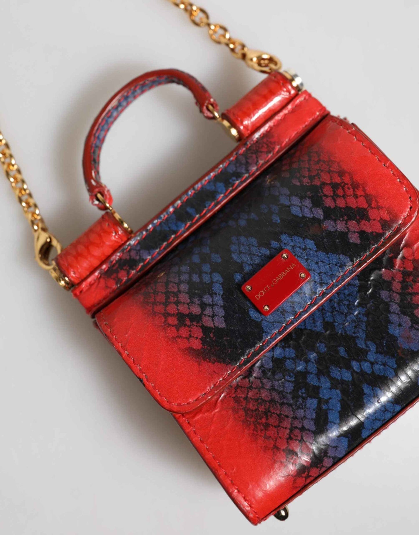 Dolce & Gabbana Red Blue Leather Sicily Crossbody Chain SatchelBorse Bag