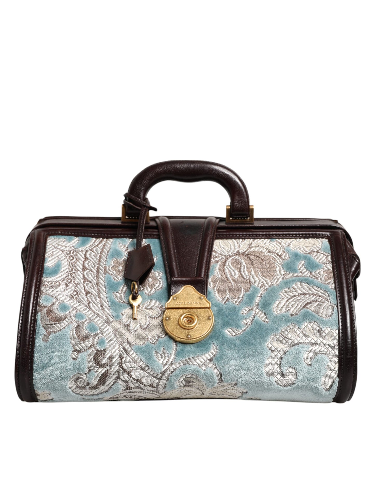 Dolce &amp; Gabbana Blue Brown Leather Floral Jacquard Travel Handbag Bag