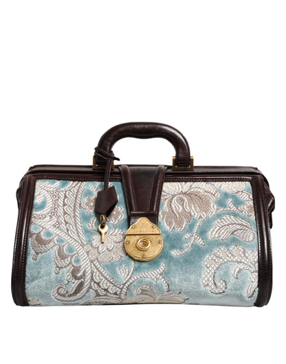 Dolce &amp; Gabbana Blue Brown Leather Floral Jacquard Travel Handbag Bag