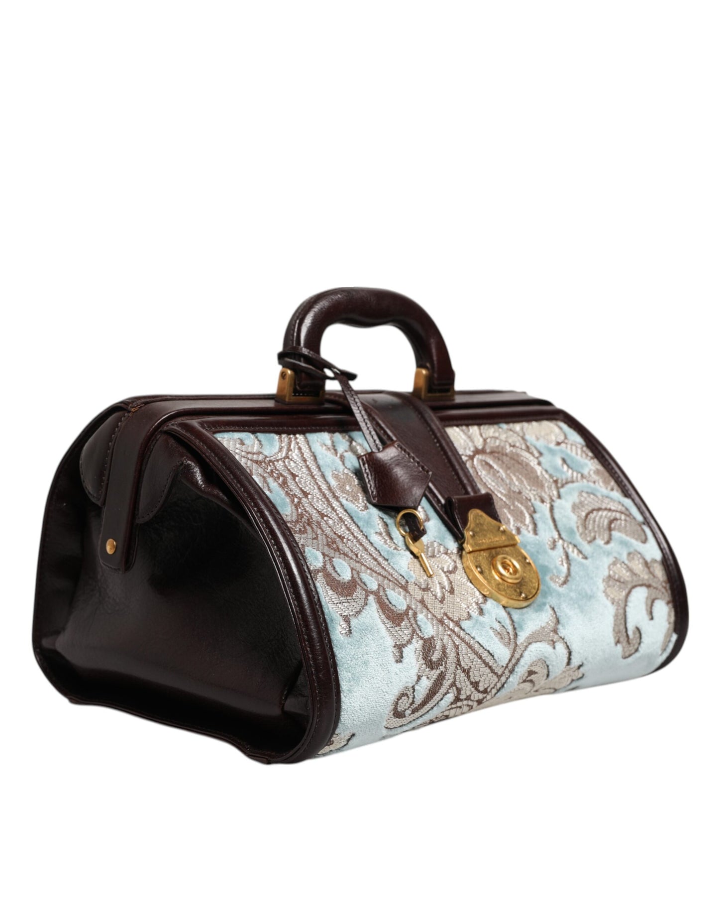 Dolce &amp; Gabbana Blue Brown Leather Floral Jacquard Travel Handbag Bag