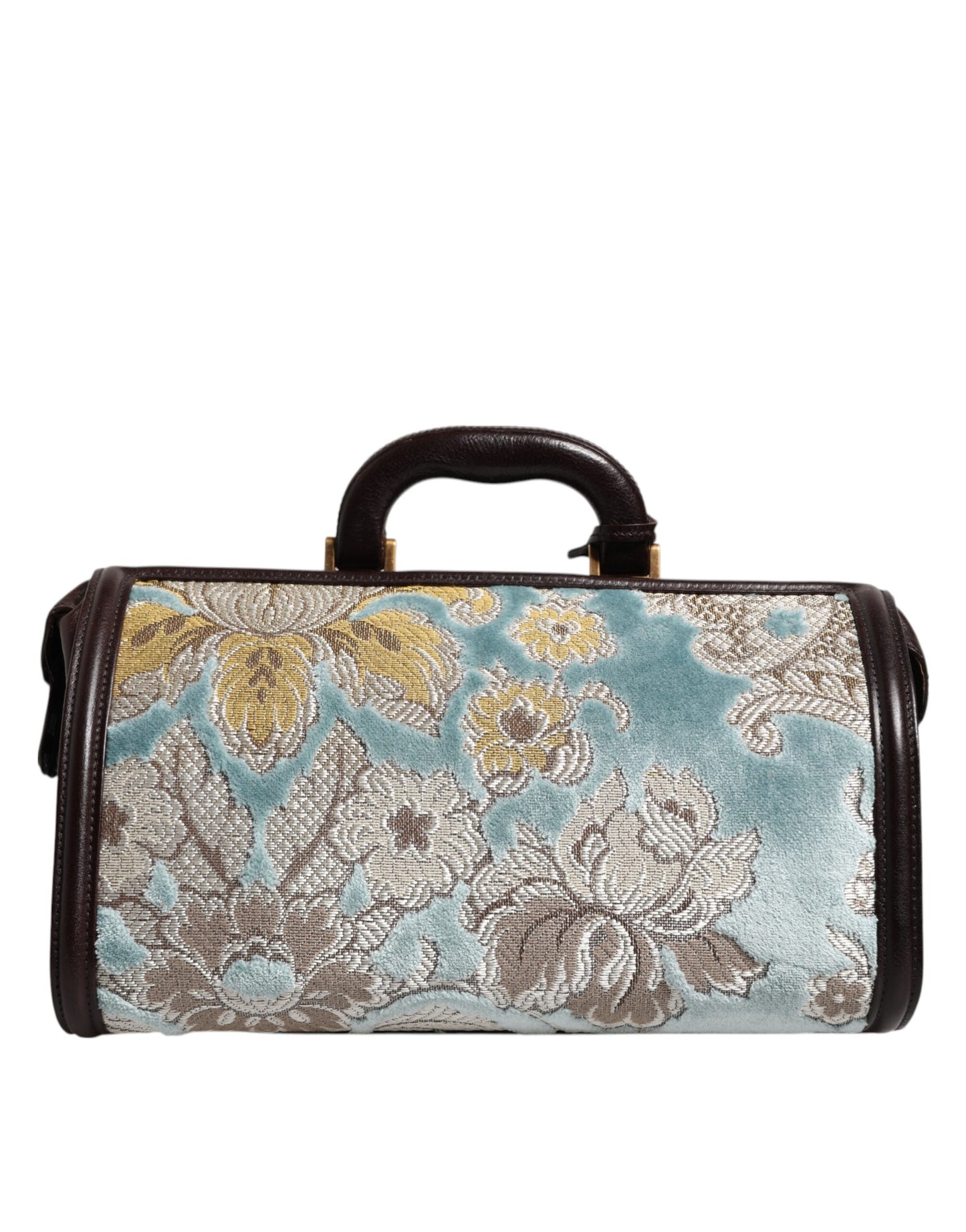 Dolce &amp; Gabbana Blue Brown Leather Floral Jacquard Travel Handbag Bag