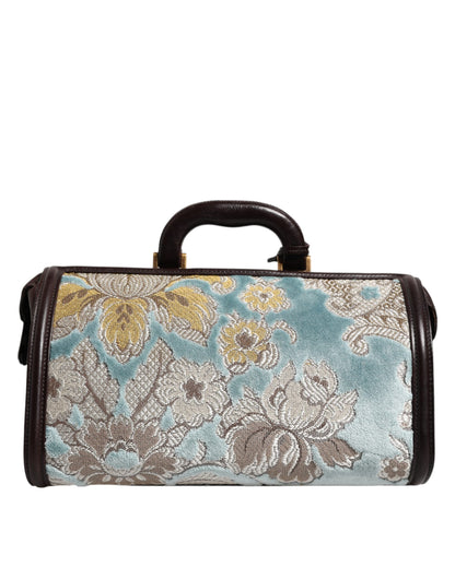Dolce &amp; Gabbana Blue Brown Leather Floral Jacquard Travel Handbag Bag