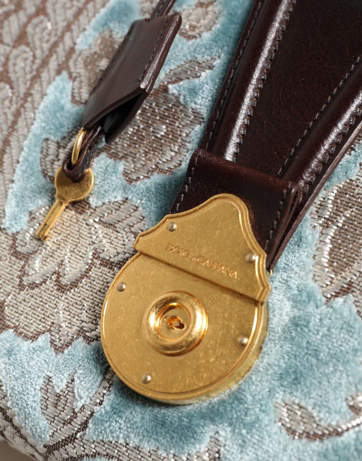 Dolce &amp; Gabbana Blue Brown Leather Floral Jacquard Travel Handbag Bag
