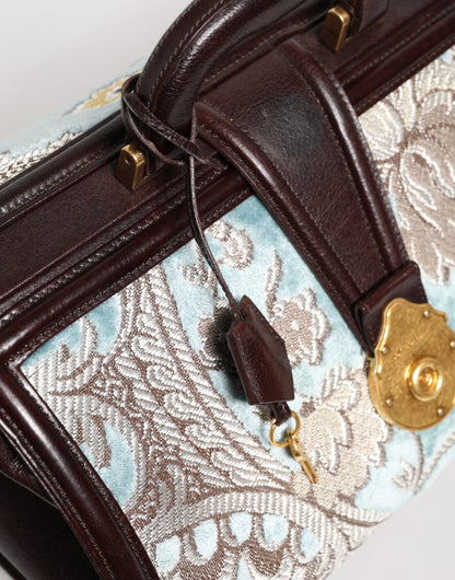 Dolce &amp; Gabbana Blue Brown Leather Floral Jacquard Travel Handbag Bag