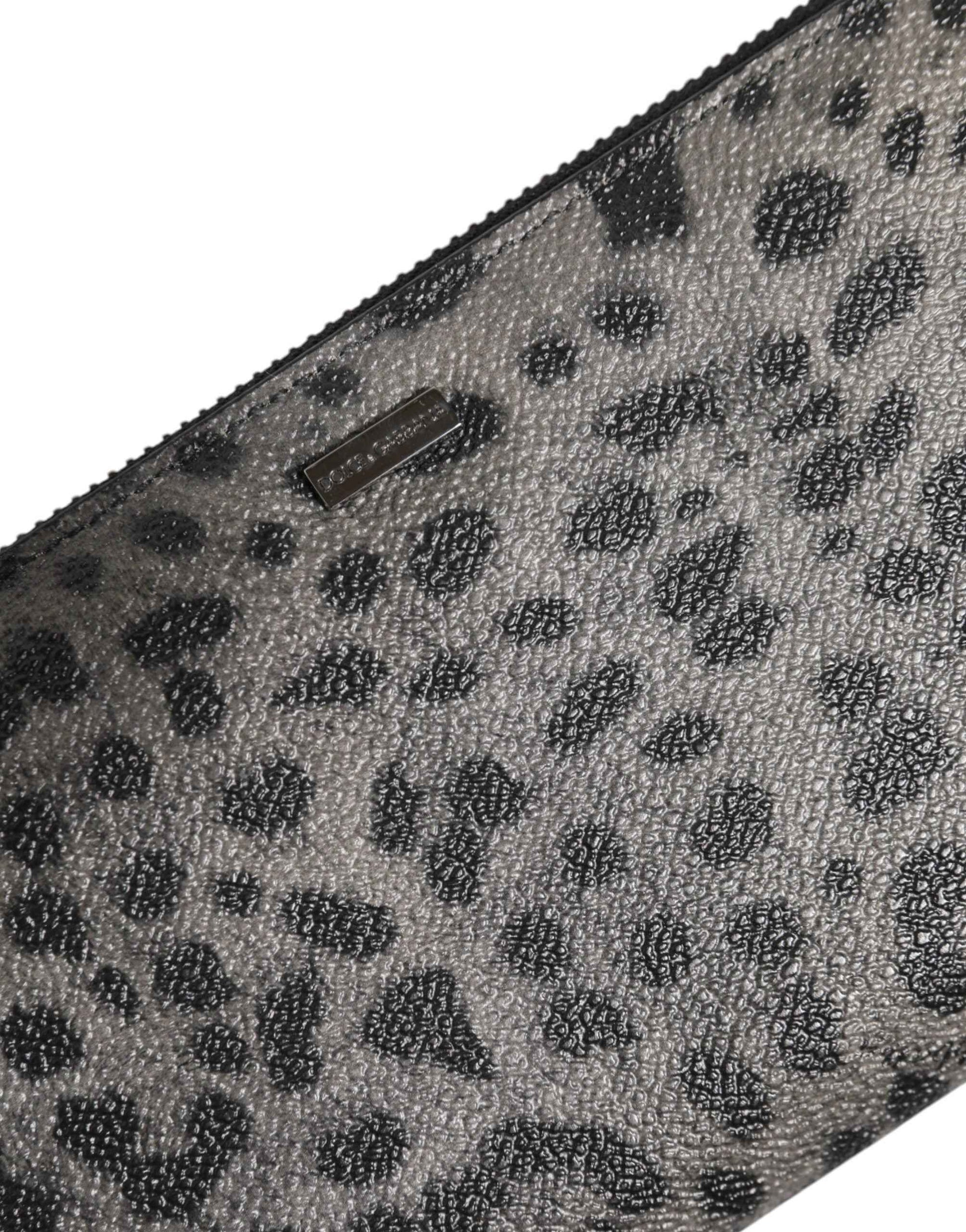 Dolce & Gabbana Black Gray Leopard Leather Zip Around Continental Wallet