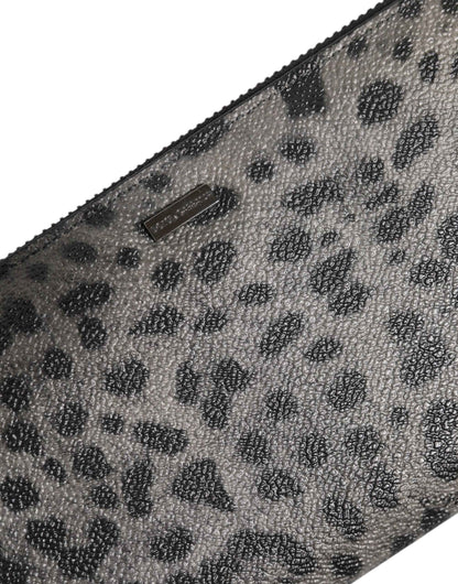 Dolce & Gabbana Black Gray Leopard Leather Zip Around Continental Wallet