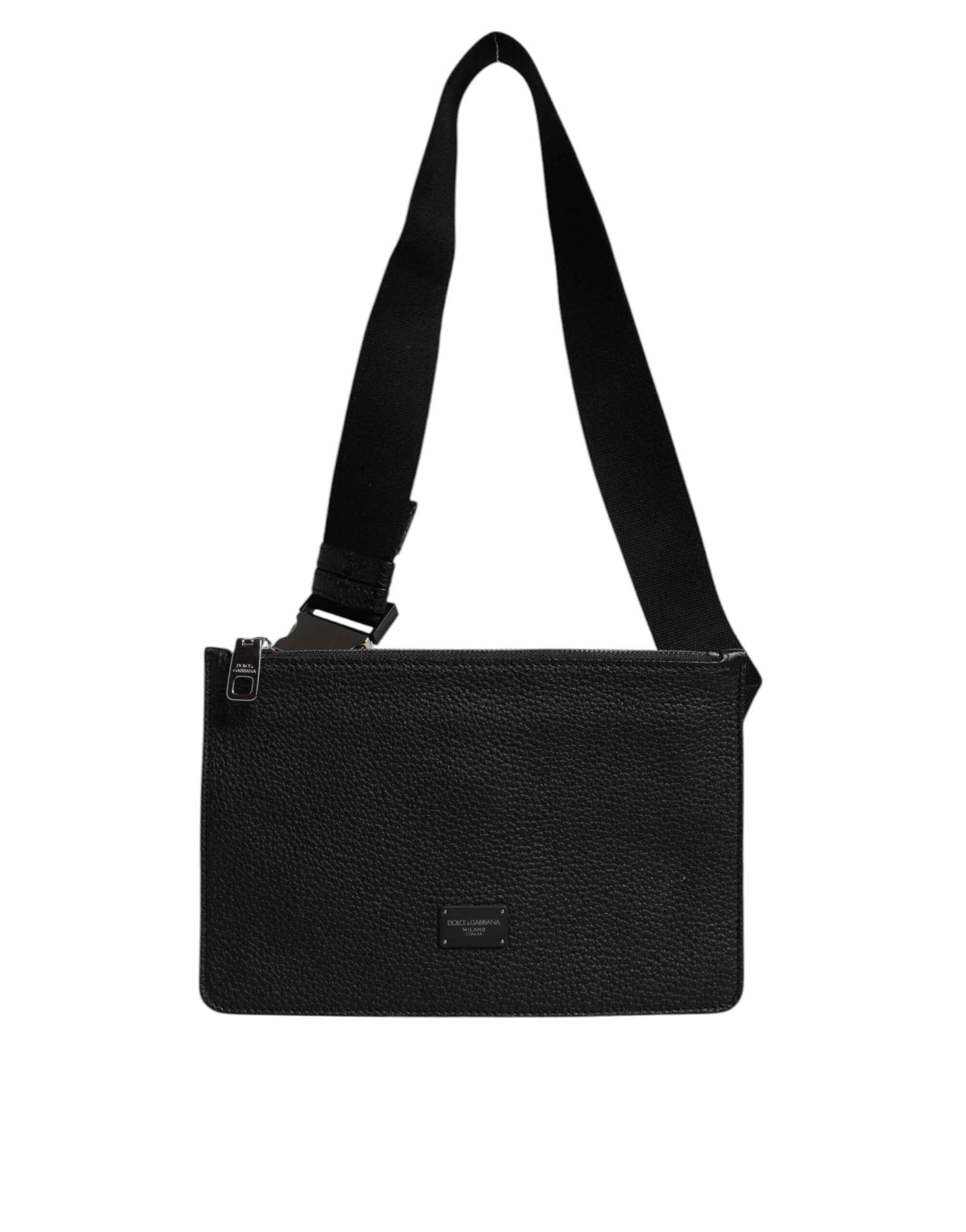 Dolce & Gabbana Black Leather Logo Embossed Waist Fanny Pack Borse Bag