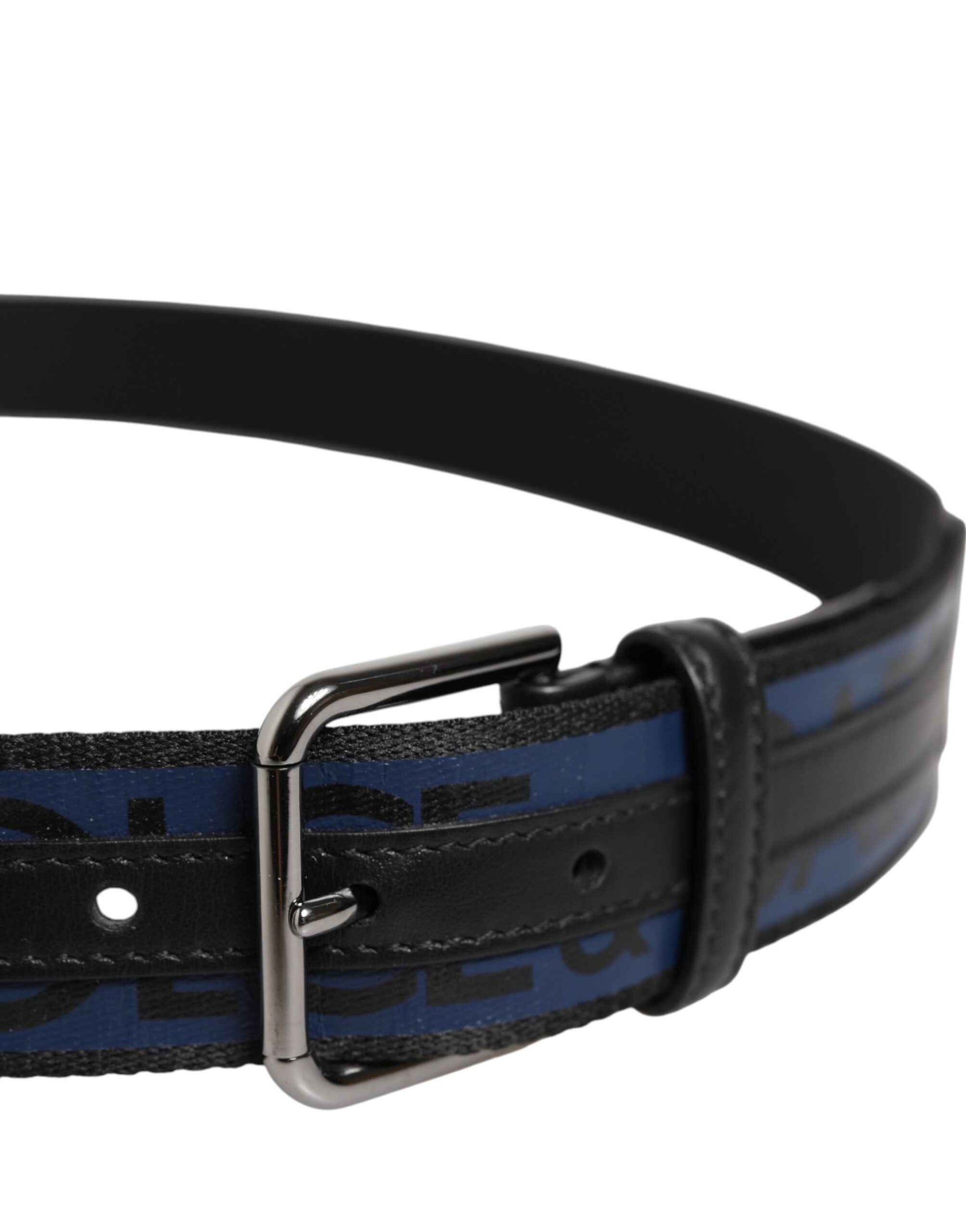 Dolce & Gabbana Black Blue DG Logo Silver Metal Buckle Belt by Dolce & Gabbana