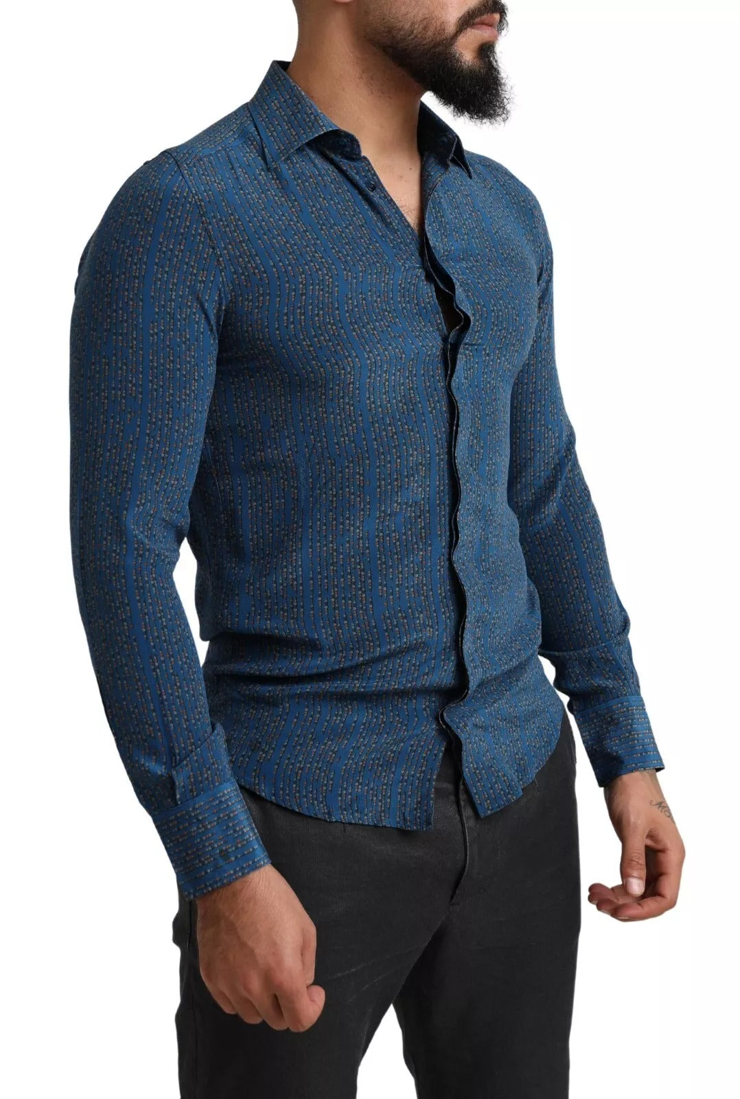 Dolce &amp; Gabbana Blue MARTINI Silk Slim Fit Long Sleeves Shirt