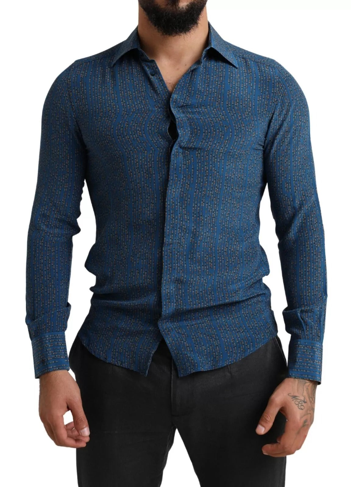 Dolce &amp; Gabbana Blue MARTINI Silk Slim Fit Long Sleeves Shirt